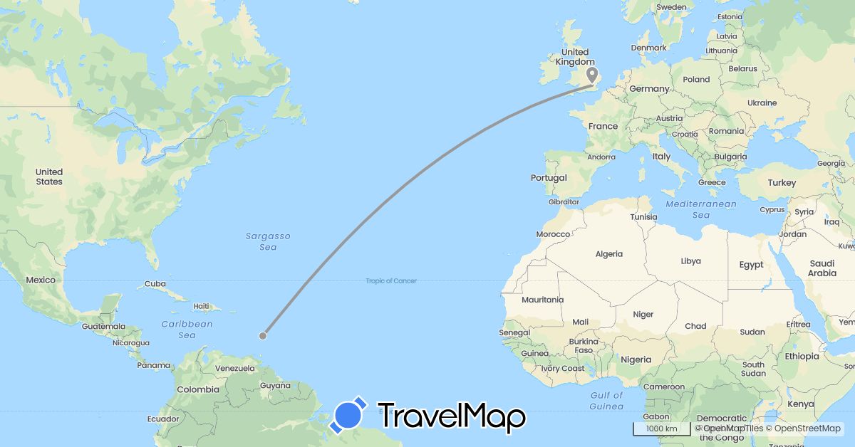 TravelMap itinerary: driving, plane in United Kingdom, Saint Lucia (Europe, North America)